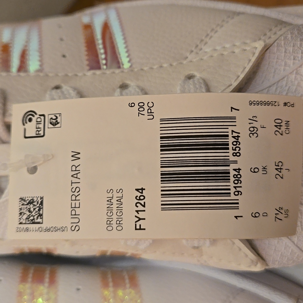 NIB, Adidas Superstar Sneakers, White Iridescent, Womens Size 7.5 - Picture 3 of 11